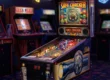 Máquina de pinball Safe Cracker da Bally de 1996 em ângulo frontal, destacando o gabinete compacto e o giroflex no topo.