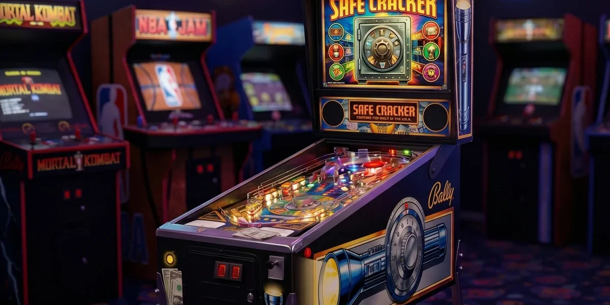 safe-cracker-pinball-bally-1996-gabinete Máquina de pinball Safe Cracker da Bally de 1996 em ângulo frontal, destacando o gabinete compacto e o giroflex no topo.