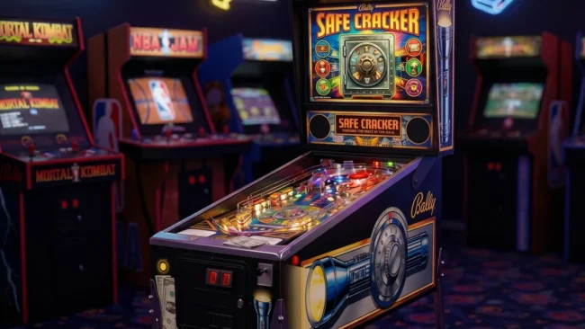 safe-cracker-pinball-bally-1996-gabinete Máquina de pinball Safe Cracker da Bally de 1996 em ângulo frontal, destacando o gabinete compacto e o giroflex no topo.